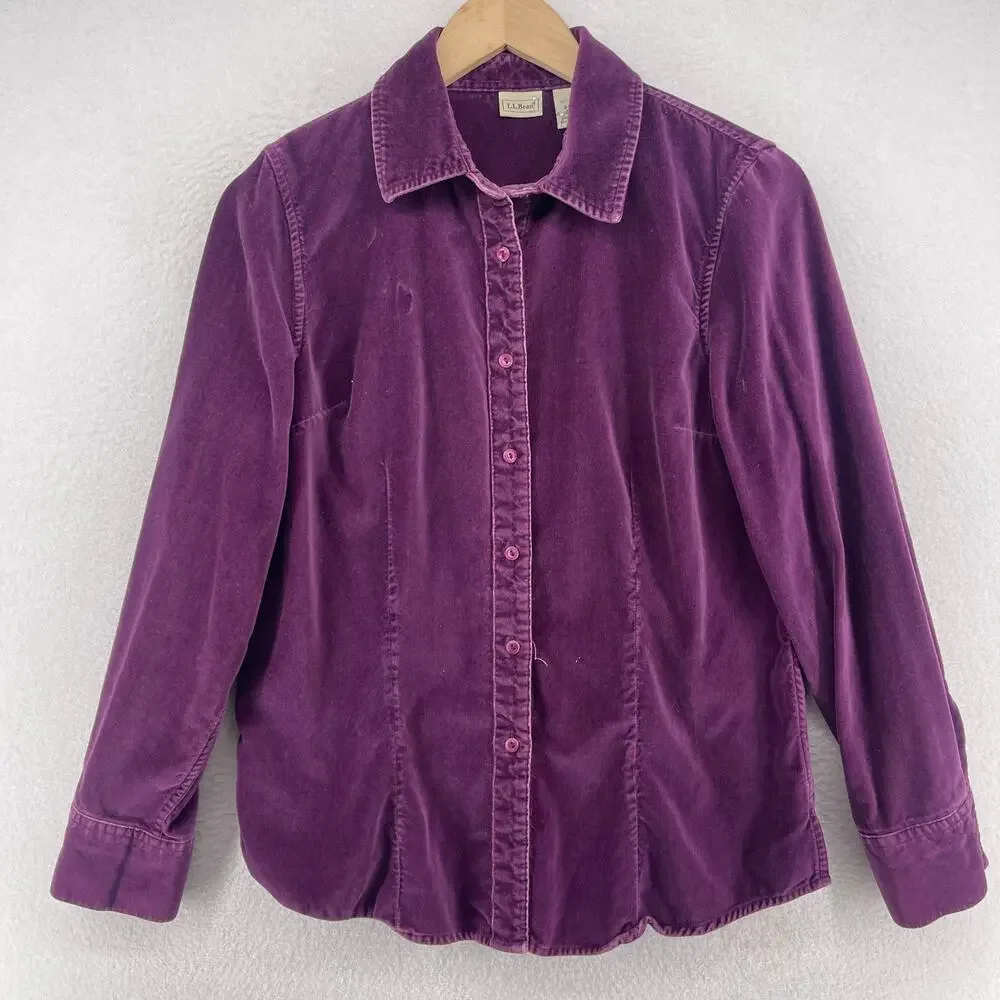 LL BEAN Shirt Womens S Velvet Button Up Long Sleeve Shacket Cotton Purple - Picture 1 of 12